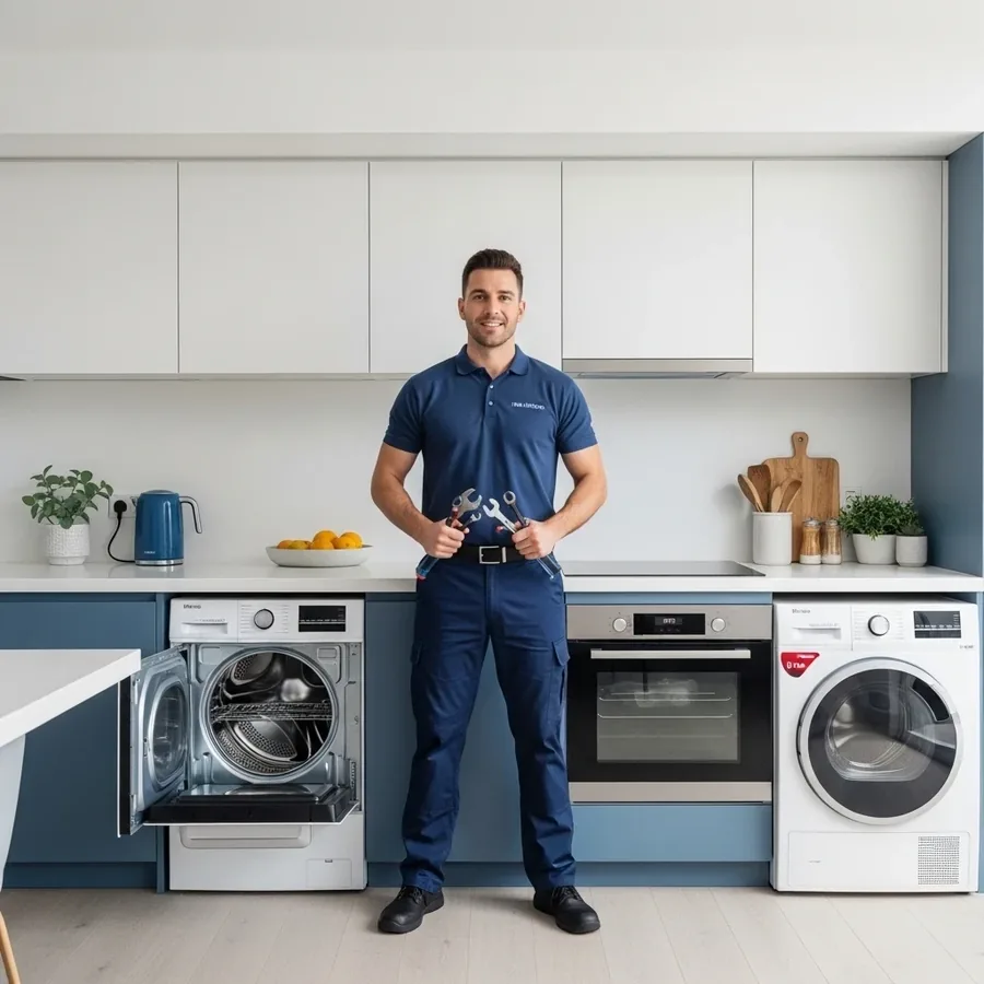Appliance Repair Waitara technician in a kitchen with a washing machine, oven and dryer