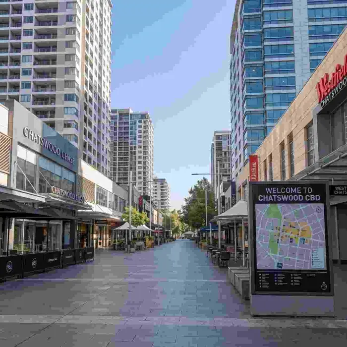 Chatswood CBD pedestrian mall, with Westfield Chatswood and Chatswood Chase either side