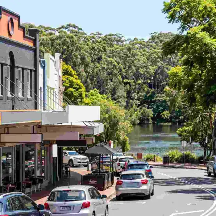 Lane Cove village shopping strip with the Lane Cove River behind