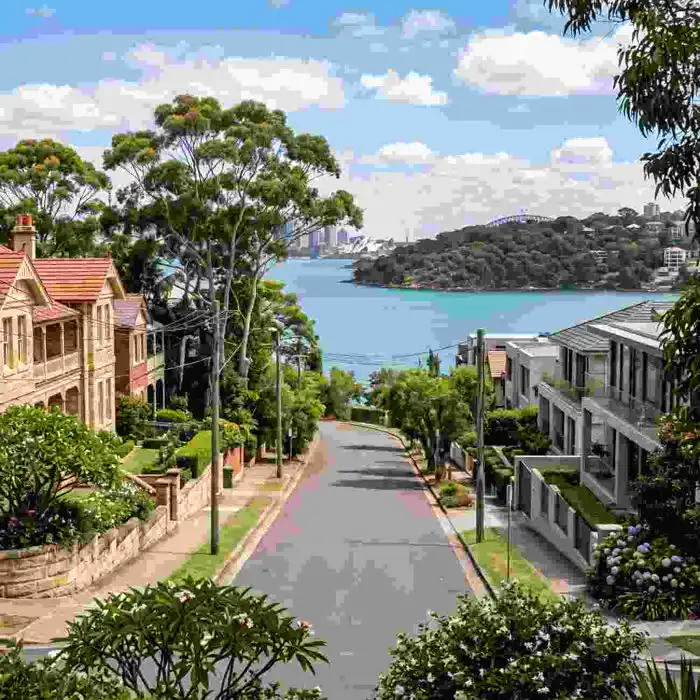Leafy Mosman street with harbour and Sydney skyline view